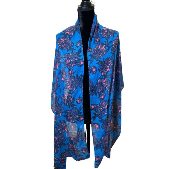 Unbranded Scarf Womens Long Rectangle Blue Pink Floral Flower Shawl Wrap - Picture 3 of 8